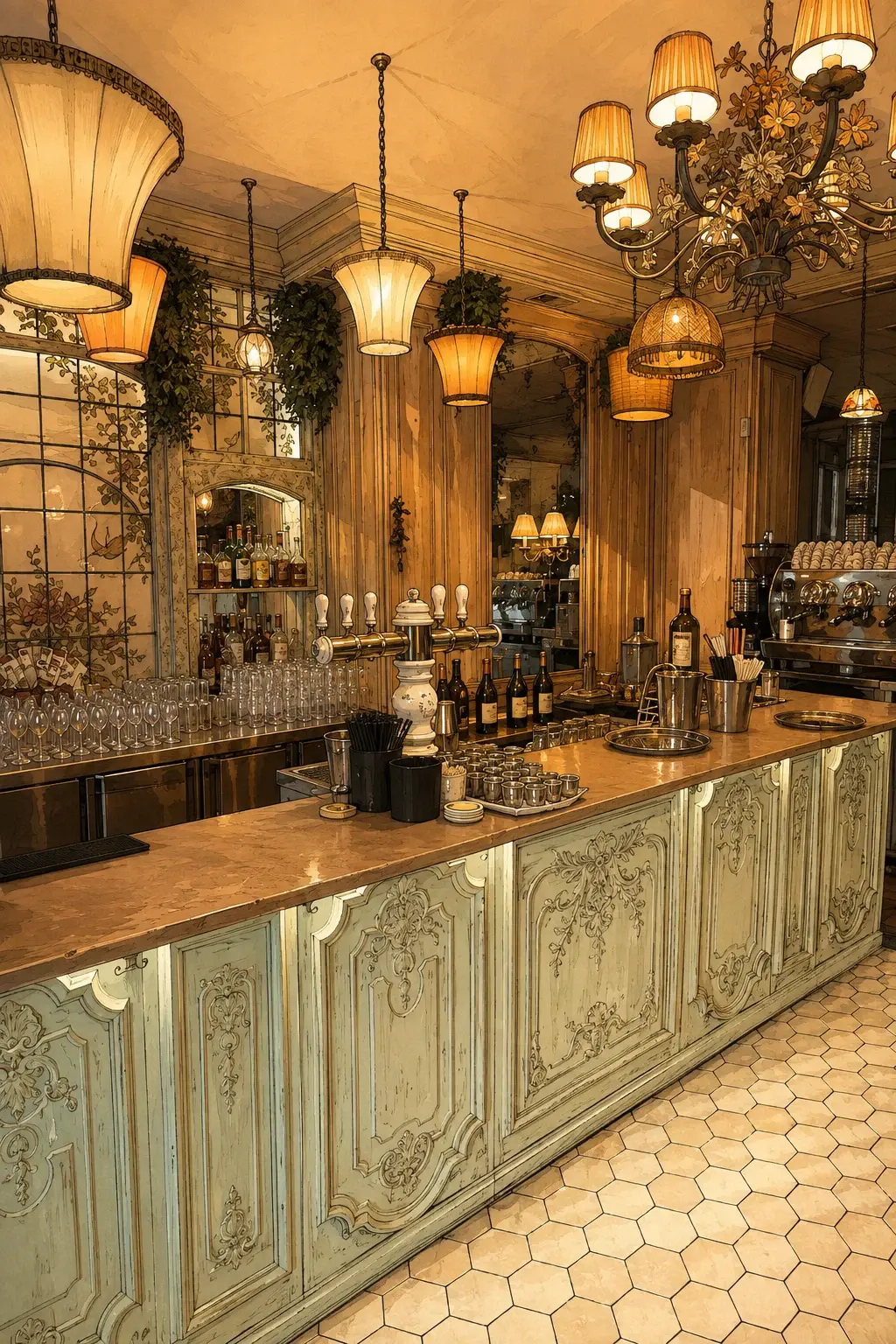 Illustration BD du bar de la Brasserie Pastis : comptoir vert d’eau, tireuse et machine à café sous les luminaires dorés