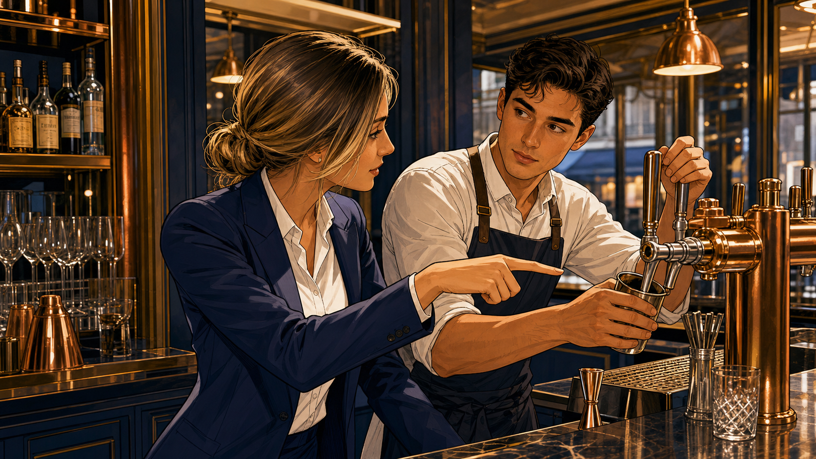 Charlotte, en tailleur, accompagne un apprenant dans l’utilisation de la tireuse au bar