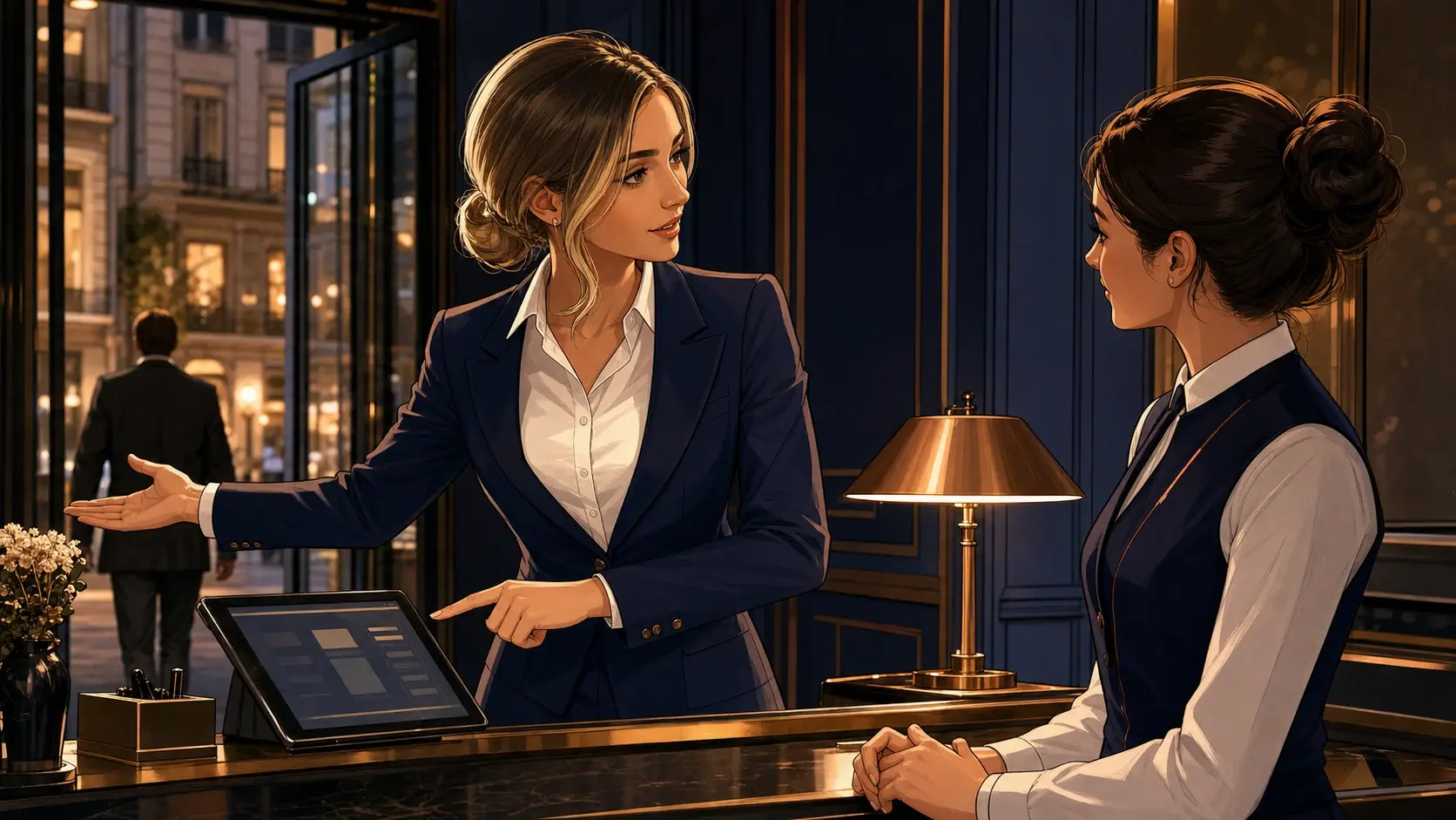 Charlotte, en tailleur, explique à une apprenante l’accueil des clients et l’utilisation du plan de réservation