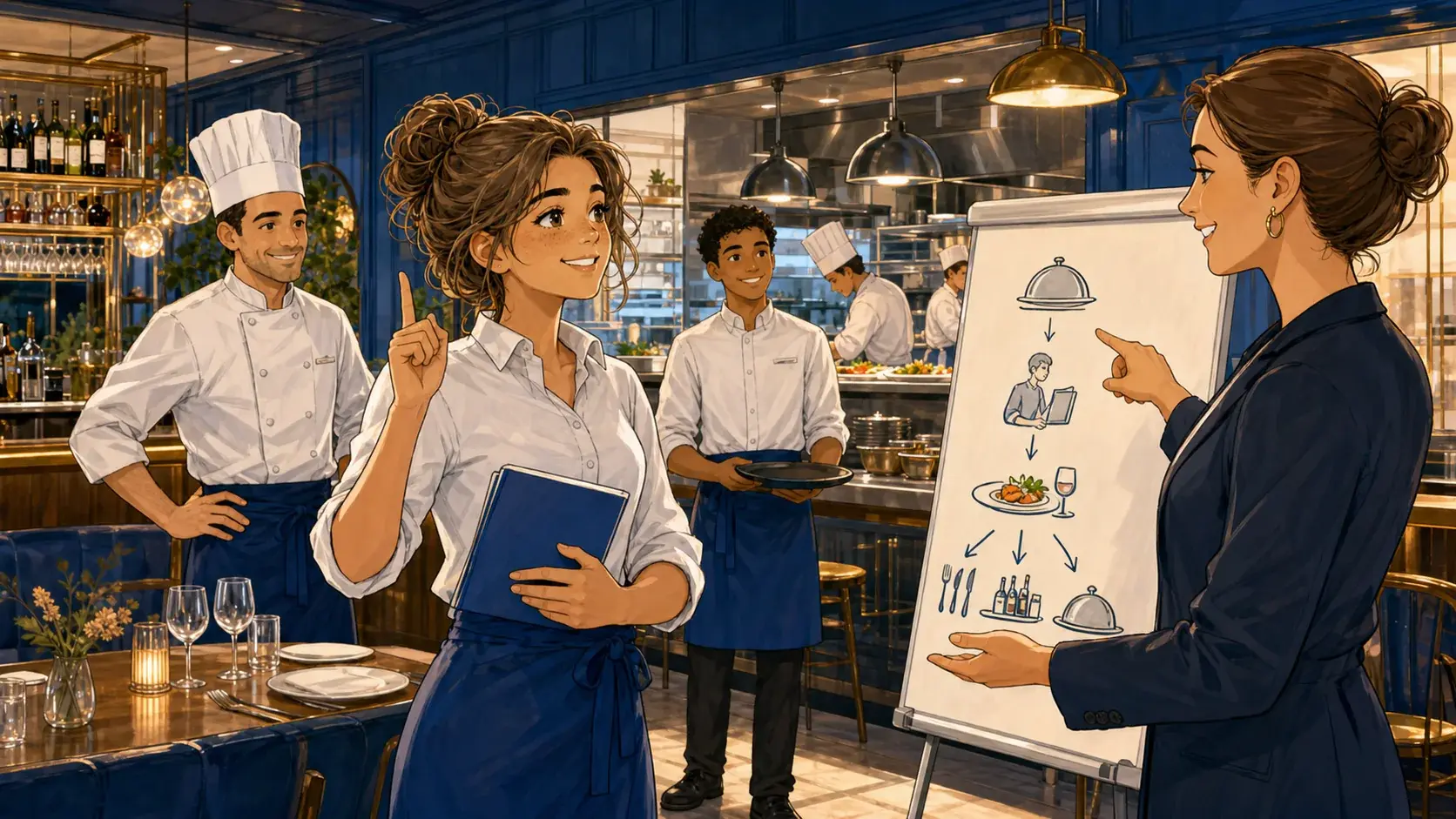 Scène BD : une responsable anime un briefing avec l’équipe de salle et de cuisine autour de l’organisation du service