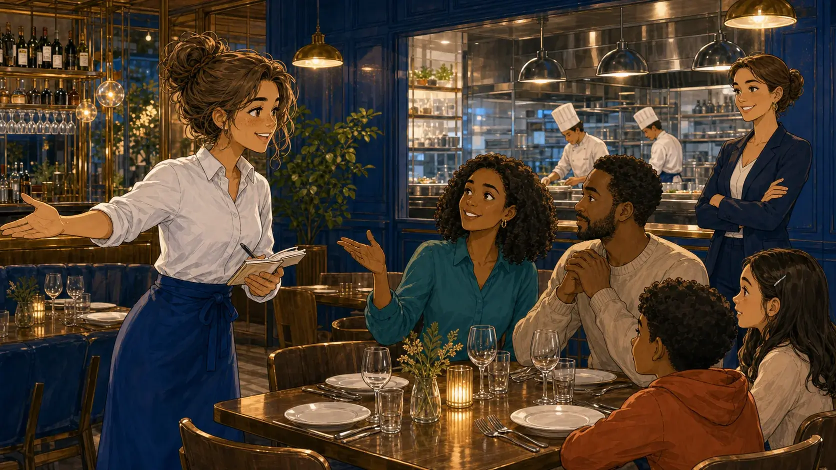 Scène BD : une apprenante échange avec une famille installée au restaurant et écoute ses demandes