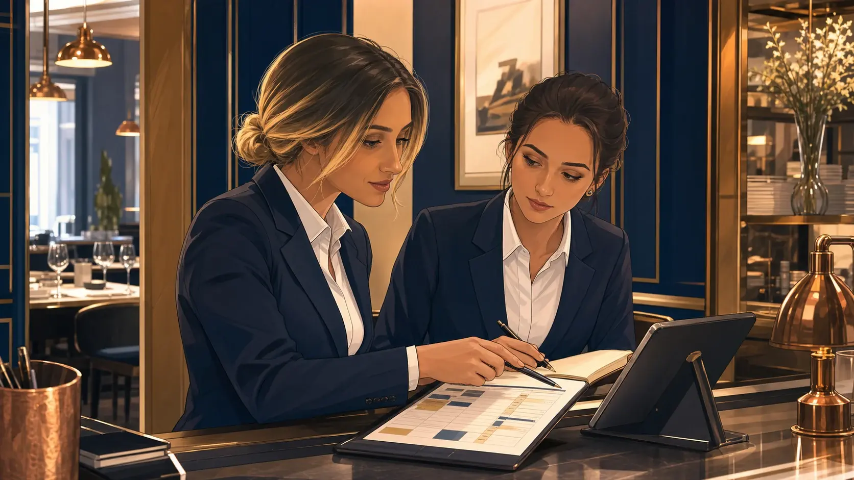 Charlotte accompagne une apprenante manager dans la lecture d’un planning et d’outils de pilotage
