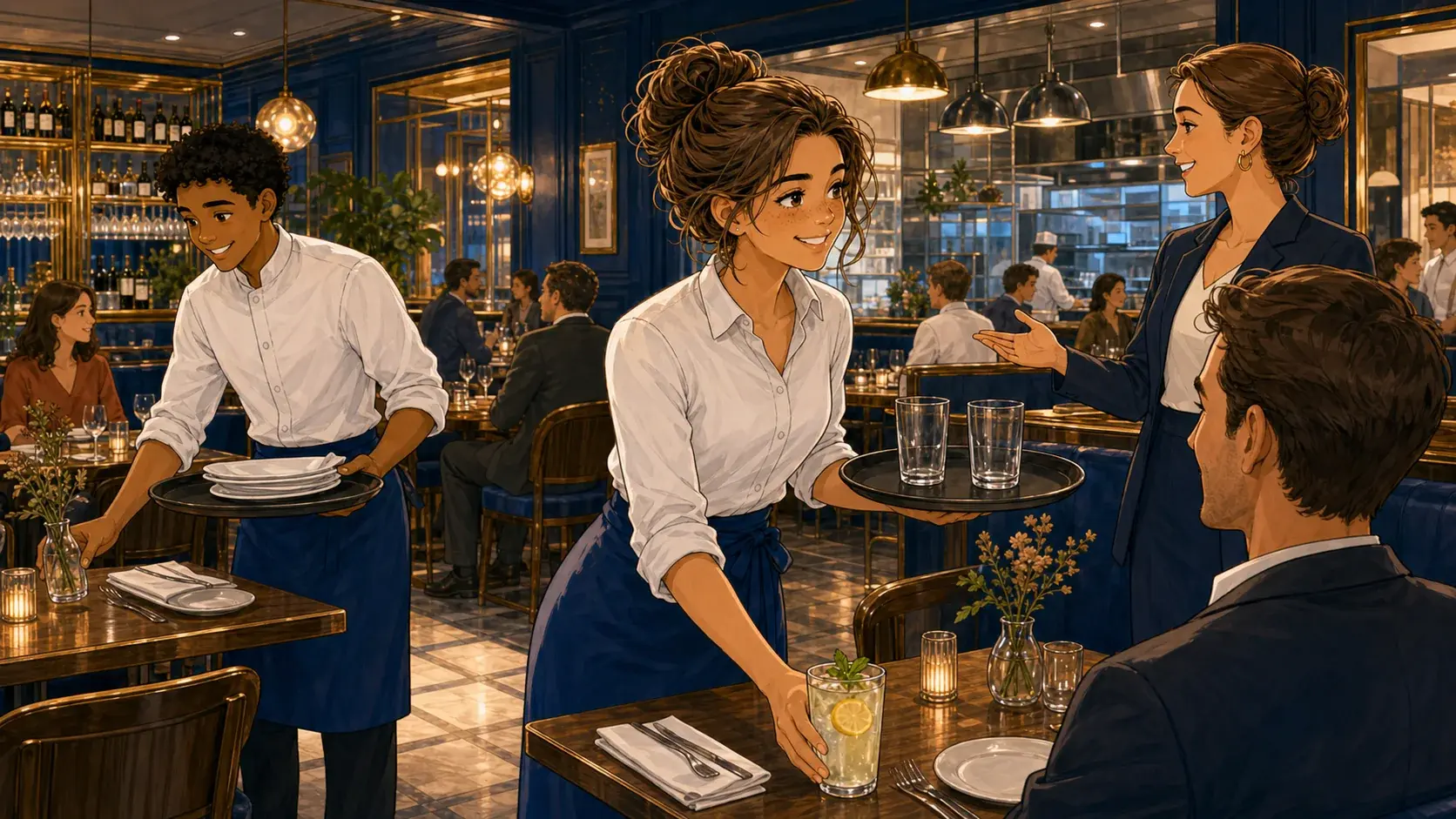 Scène BD : une apprenante sert une boisson au plateau pendant que son collègue débarrasse une table