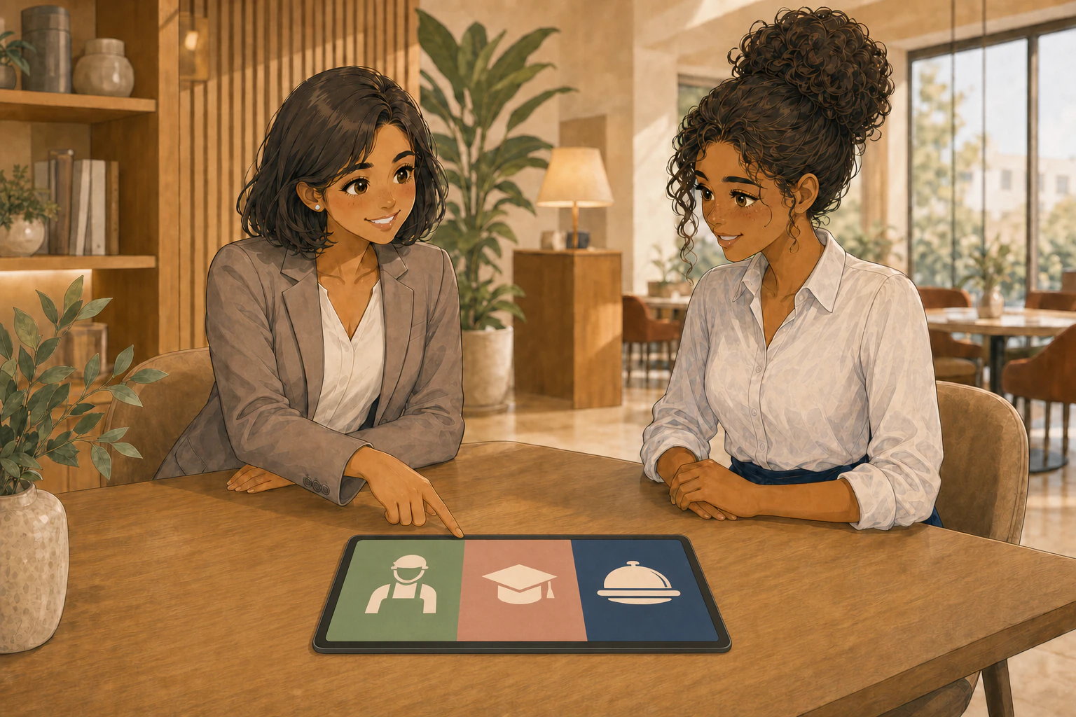 Flavy accompagne Lina dans le choix de son parcours à partir de trois possibilités présentées sur une tablette posée à plat