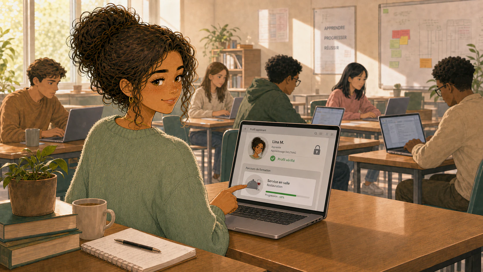 Lina vérifie son profil apprenti et son parcours de formation depuis la salle de cours