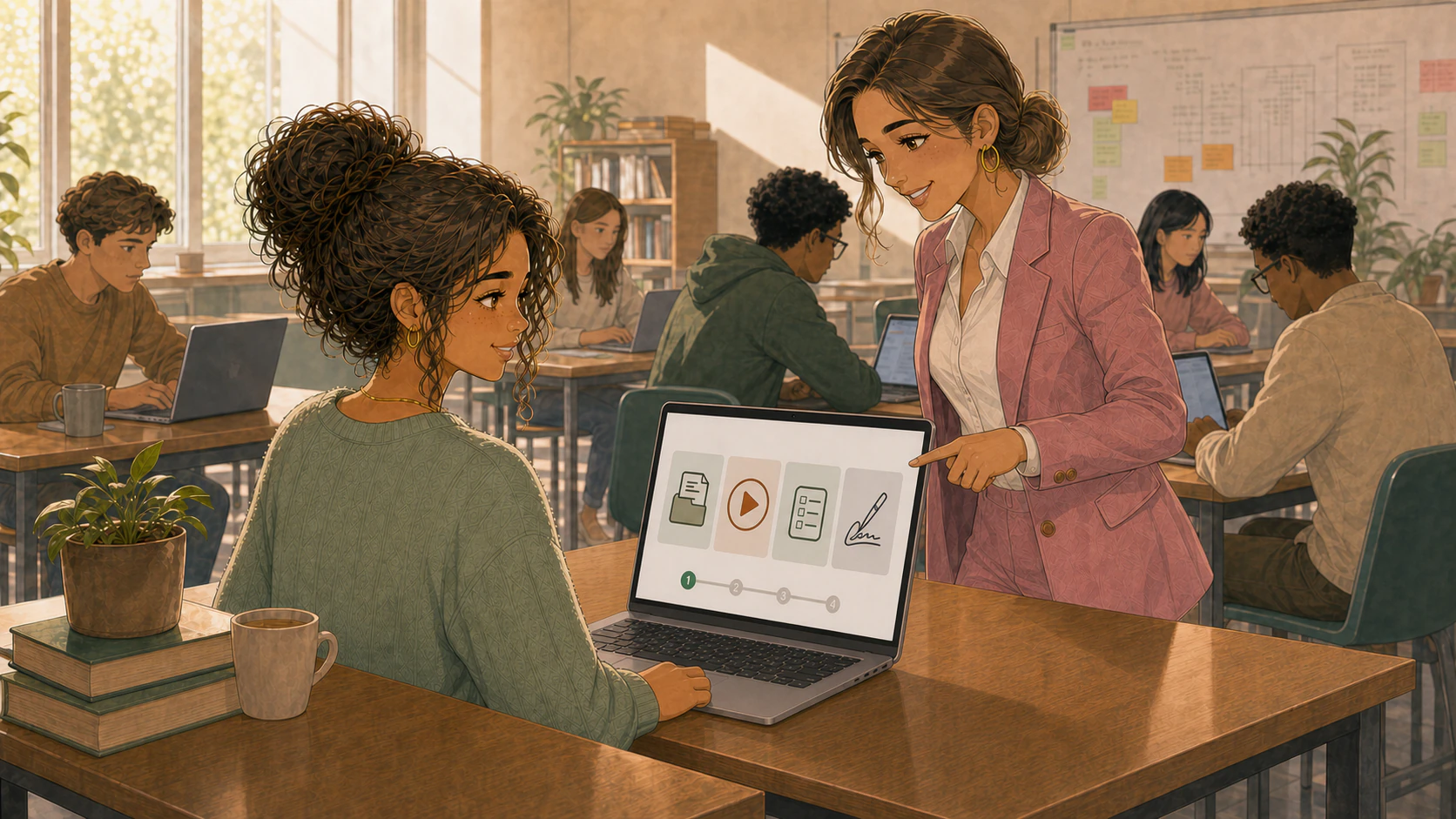 Charlotte montre à Lina les différents espaces de sa plateforme de formation