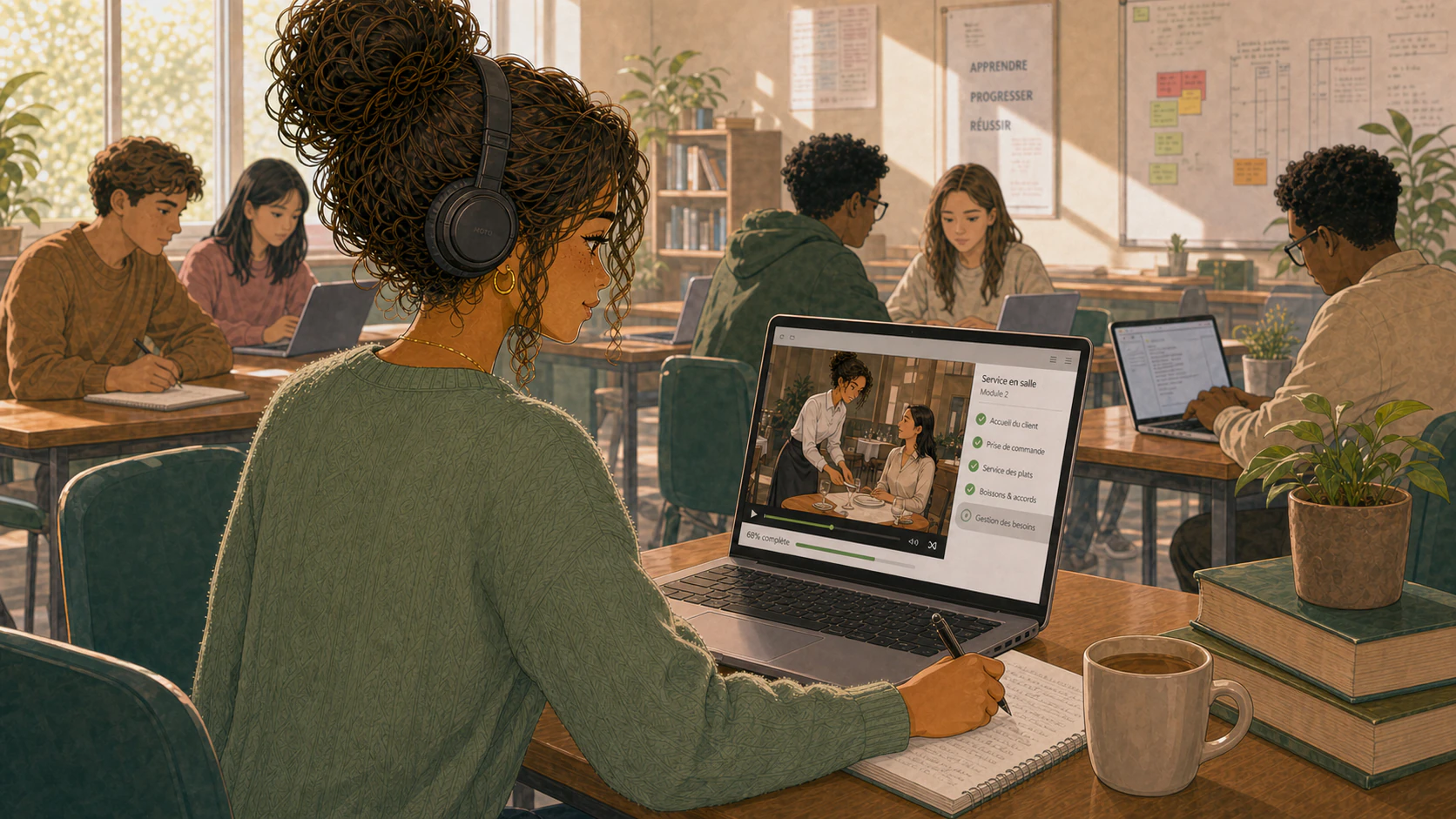 Lina suit un module de service en salle sur son ordinateur et prend des notes