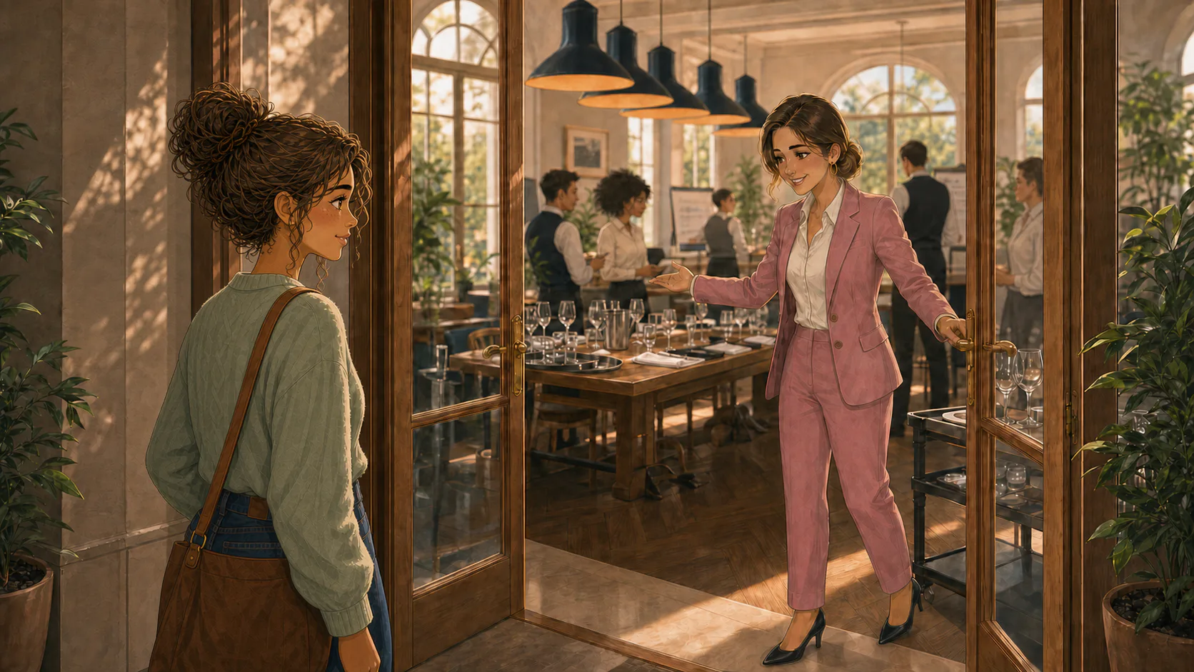 Charlotte accueille Lina dans la salle du restaurant