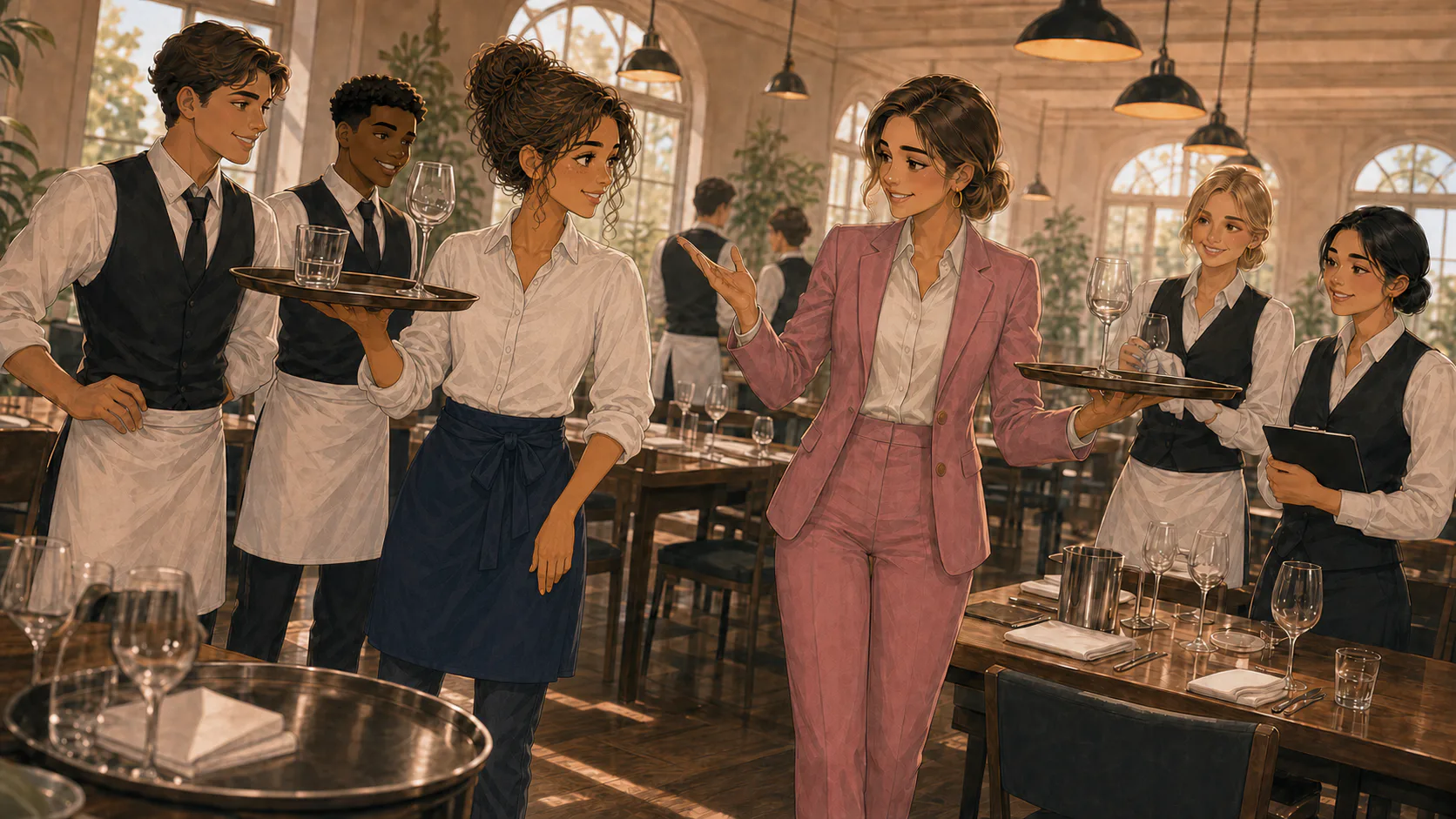 Charlotte montre à Lina les gestes du service avec le reste du groupe